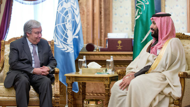 United Nations Secretary-General António Guterres (left) meets with Saudi Crown Prince Mohammed bin Salman on Feb. 12 in Riyadh. Credit: U.N./Mohammed Al Deghaishim.