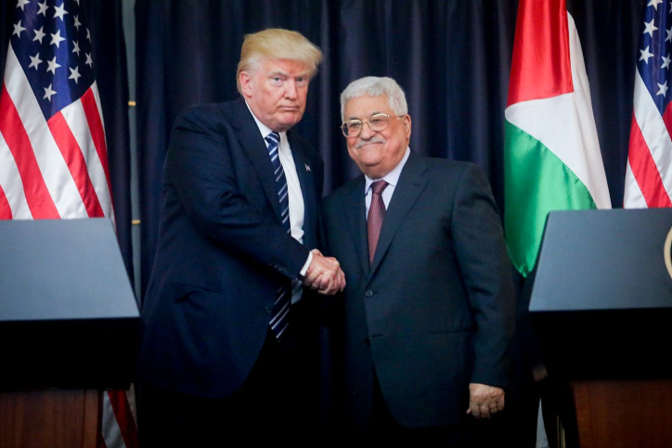 U.S. President Donald Trump and Palestinian Authority leader Mahmoud Abbas attend a joint press conference in the West Bank city of Bethlehem on May 23, 2017. Credit: Flash90.