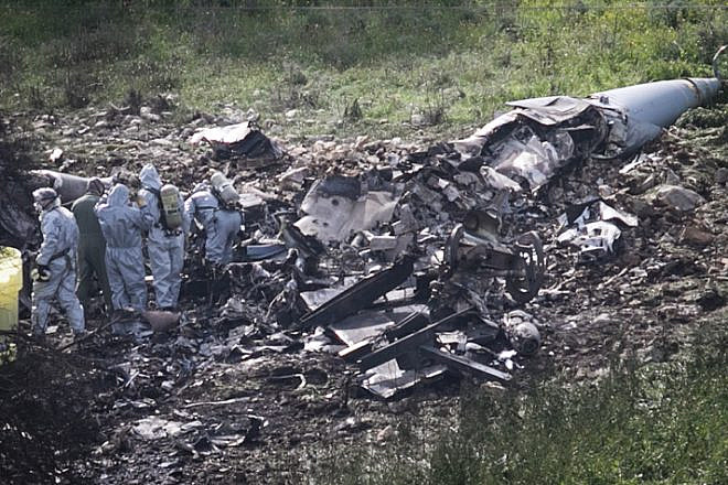 Remains of an F-16 plane that crashed in northern Israel on Feb. 10, 2018. Photo by Anat Hermony/Flash90.