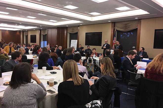 In Washington, D.C., Emily Grabelsky, co-chair of the Domestic Policy and Government Affairs Disability Committee for the Jewish Federations of North America (JFNA), delivers welcome remarks for Jewish Disability Advocacy Day, Feb. 6, 2018. Credit: JFNA via Facebook.