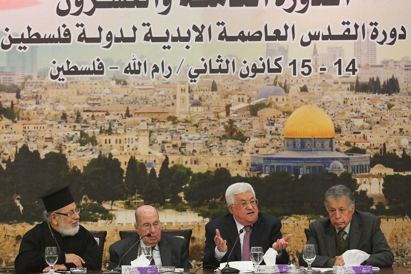 Palestinian Authority leader Mahmoud Abbas speaks during a meeting with members of the Central Committee in the West Bank city of Ramallah on Jan. 14, 2018. Credit: Photo by Flash90.