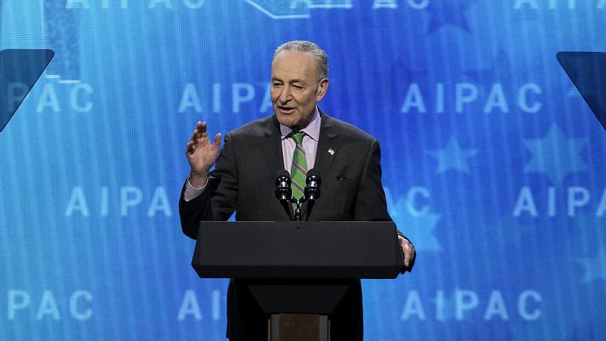 Then-Senate Minority Leader Sen. Chuck Schumer (D-N.Y.) speaks at the 2018 AIPAC Policy Conference in Washington. Credit: AIPAC.