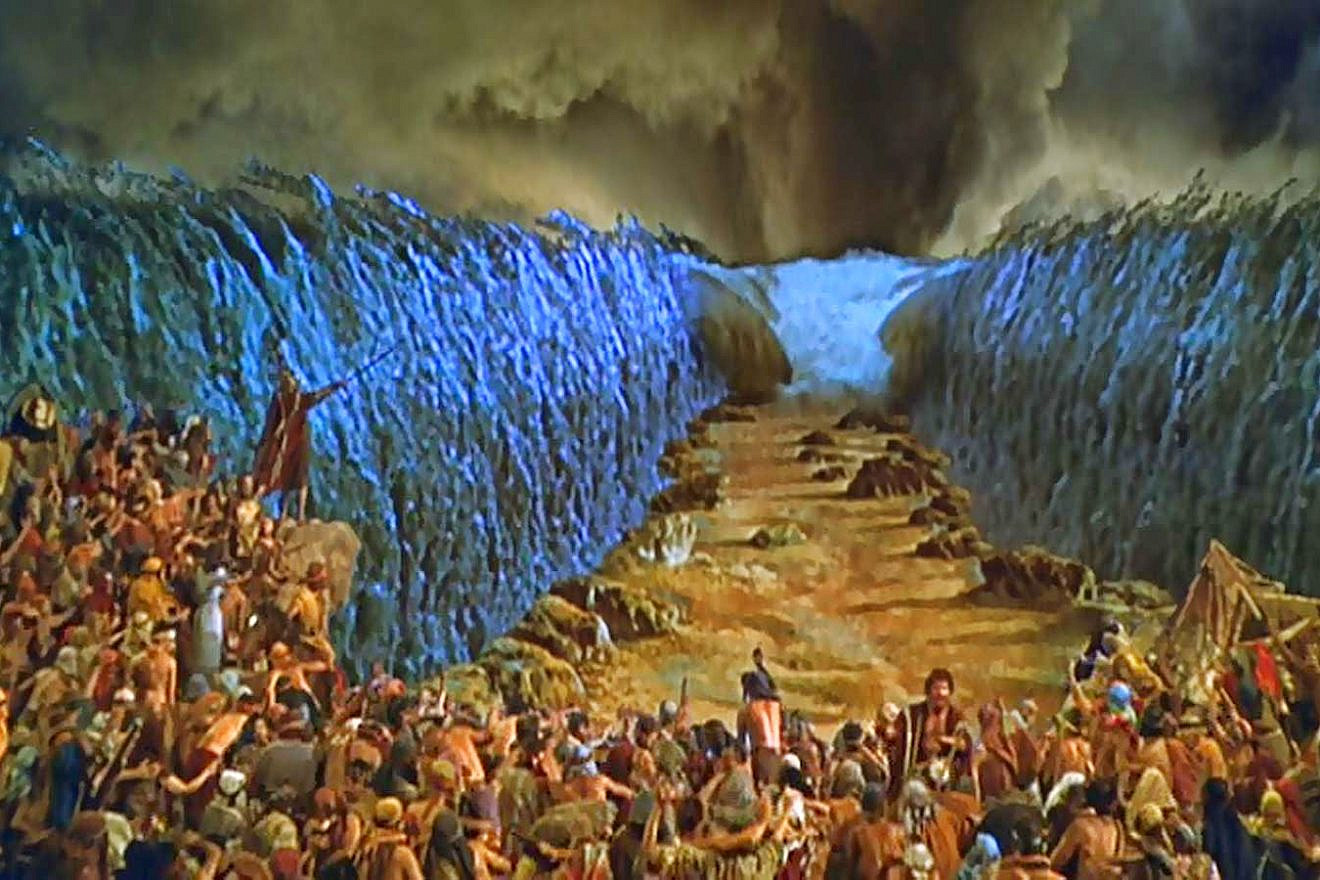 A fictional depiction of Moses parting the Red Sea from the movie "The Ten Commandments." Credit: YouTube screenshot.