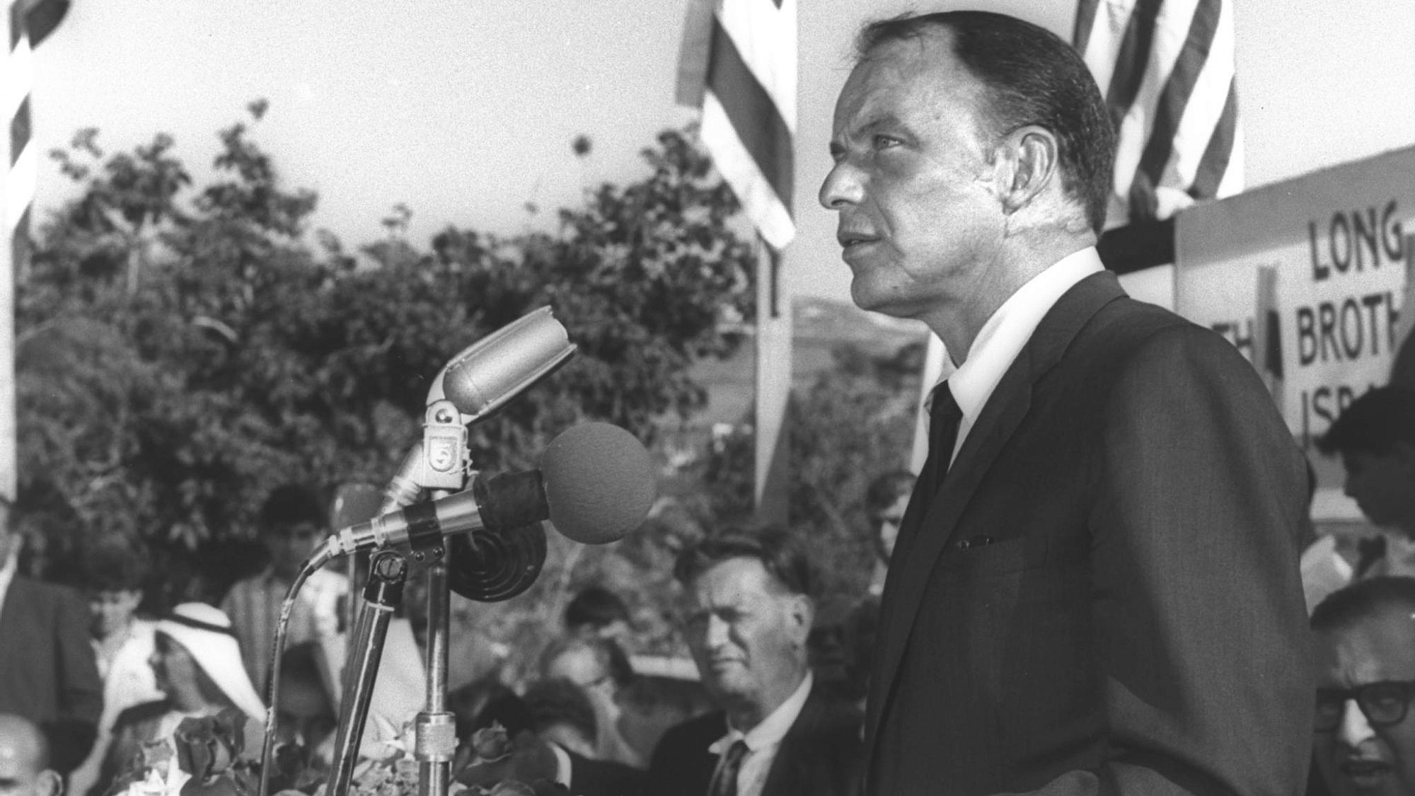 Frank Sinatra speaking at the cornerstone-laying ceremony of the Frank Sinatra International Brotherhood Youth Center in Nazareth. Credit: GPO.