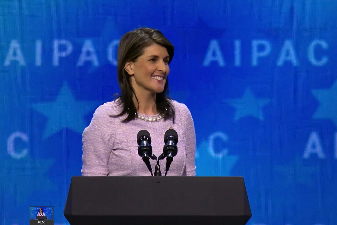 U.S. Ambassador to the United Nations Nikki Haley addresses the 2018 AIPAC policy conference. Source: Screenshot.