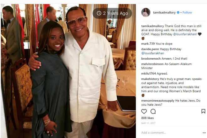 Tamika Mallory, co-president of the Women’s March, posing with Nation of Islam leader Louis Farrakhan. Credit: Instagram Screenshot.