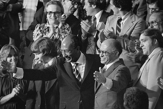 Egyptian President Anwar Sadat and Israeli Prime Minister Menachem Begin acknowledge applause during a joint session of Congress in Washington, D.C., during which President Jimmy Carter announced the results of the Camp David Accords, Sept. 18, 1978. Credit: Library of Congress.