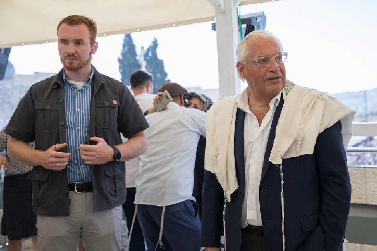 U.S. Ambassador to Israel David Friedman visits the Western Wall in Jerusalem for the priestly blessing for Kohenim during the intermediate days of the Jewish holiday of Passover. He is encouraging an official mezzuzah-hanging ceremony for May 14, 2018, when the new U.S. Embassy in Jerusalem is scheduled to be dedicated. Photo by Noam Revkin Fenton/Flash90.