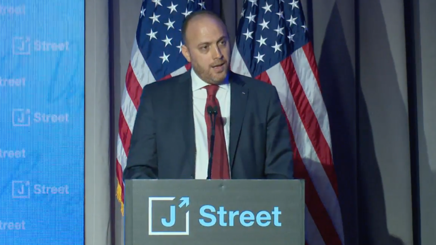 The PLO's envoy to Britain Husam Zomlot, then ambassador to the U.S., speaks at J Street's national conference in Washington, April 16, 2018. Source: Screenshot.
