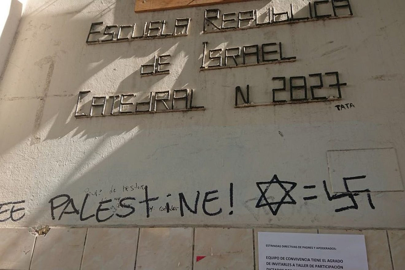 Anti-Israel graffiti outside the Escuela Republica de Israel in Chile. Credit: Shai Agosin.