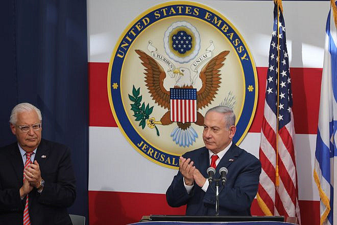 U.S. Ambassador to Israel David Friedman and Israeli Prime Minister Benjamin Netanyahu at the official opening ceremony of the U.S. embassy in Jerusalem on May 14, 2018. Credit: Yonatan Sindel/Flash90.