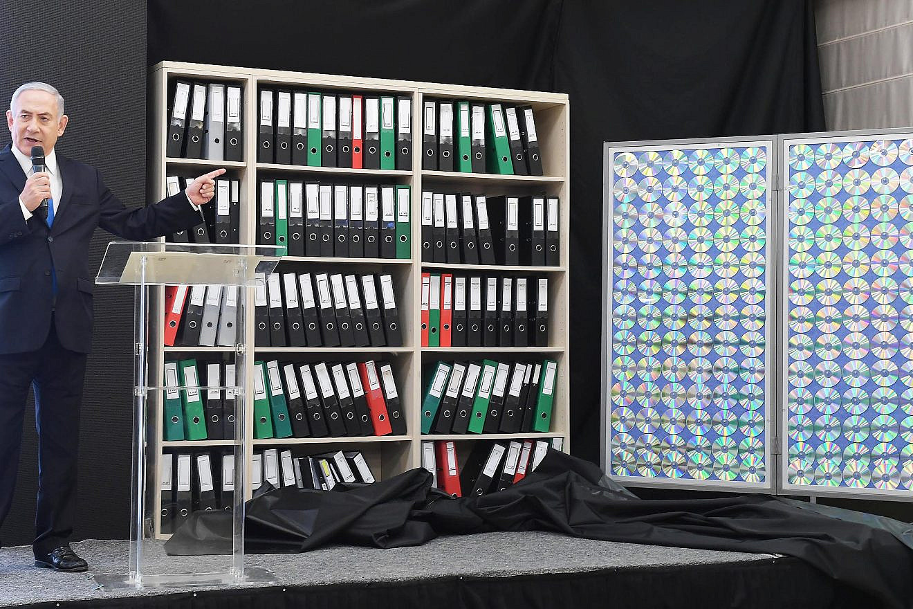 Israeli Prime Minister Benjamin Netanyahu exposes files smuggled out of Iran which Israel claims detail the Islamic Republic's illicit military nuclear program, April 30, 2018. Credit: Amos Ben-Gershom/GPO.