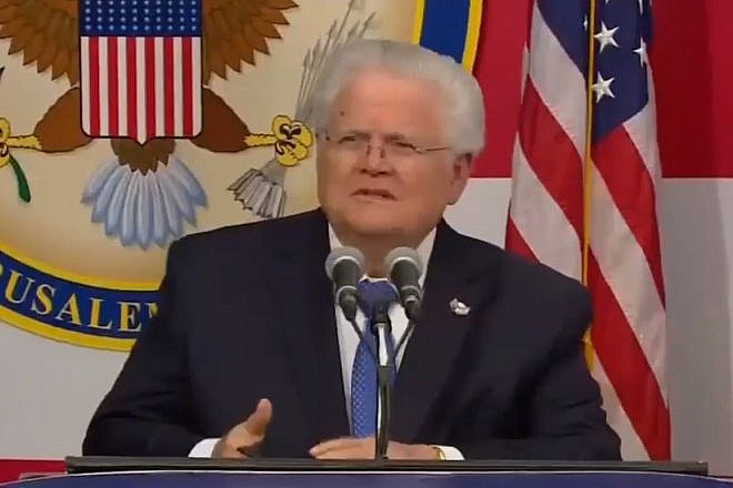 Christians United for Israel founder and chairman Pastor John Hagee delivers the benediction at the opening of the U.S. embassy in Jerusalem, May 14, 2018. Source: Screenshot.