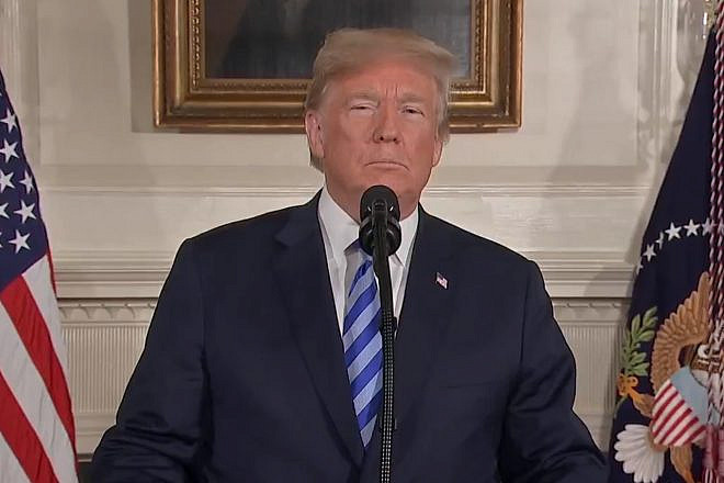 U.S. President Donald Trump announcing America’s withdrawal from the 2015 Iranian nuclear deal on May 8, 2018. Credit: Screenshot.