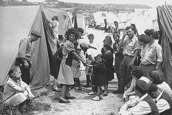 Jewish refugees at a Ma’abarot transit camp in Israel, 1950. Credit: Wikimedia Commons.
