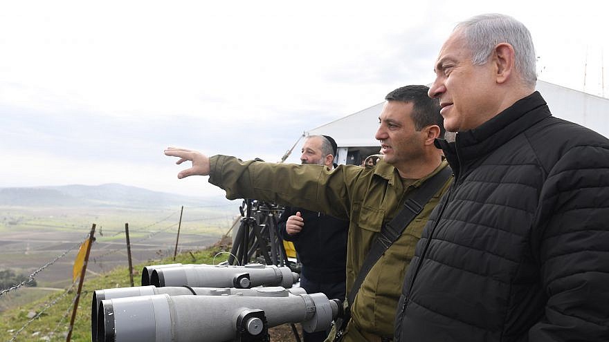 Israeli Prime Minister Benjamin Netanyahu and Security Cabinet members get a tour with the North Front Command in the Golan Heights on Feb. 6, 2018. Credit: Kobi Gideon/GPO.