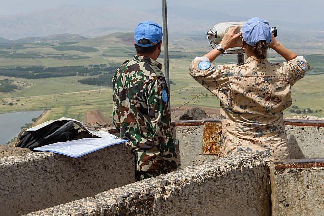 U.N. observers posted on Mount Bental overlooking the border with Syria in the Golan Heights in northern Israel on May 10, 2018. Photo by Basel Awidat/Flash90.