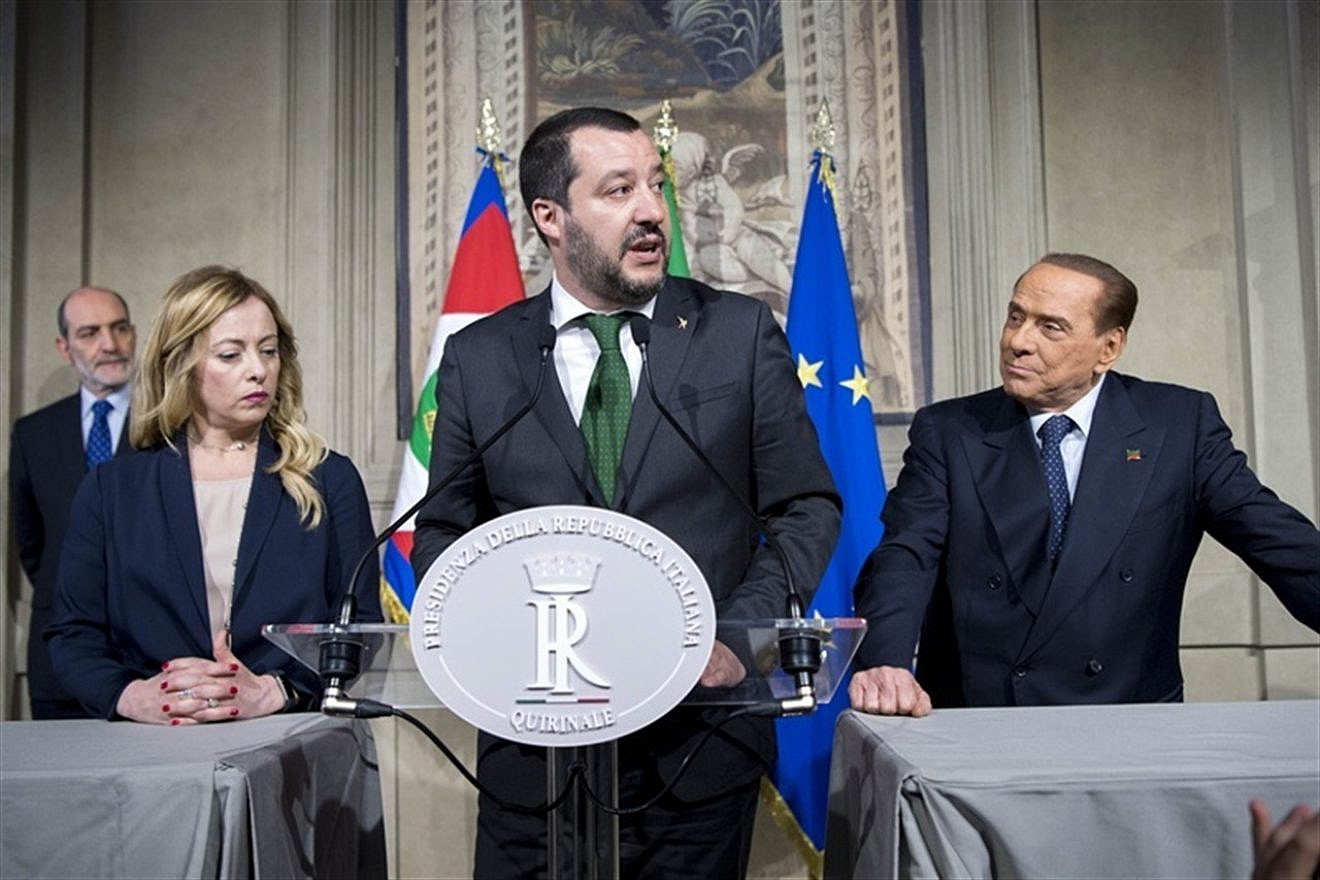 From left, Italian politicians Giorgia Meloni, Matteo Salvini and Silvio Berlusconi, on April 12, 2018. Credit: Presidenza della Repubblica/Wikimedia Commons.
