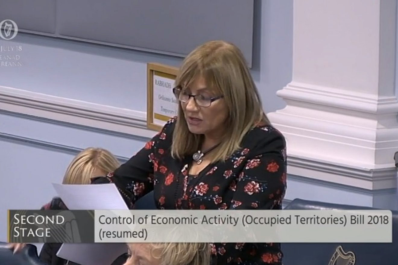 Irish Senator Frances Black speaking in favor of her bill to boycott goods from Israeli settlements. Credit: Screenshot.