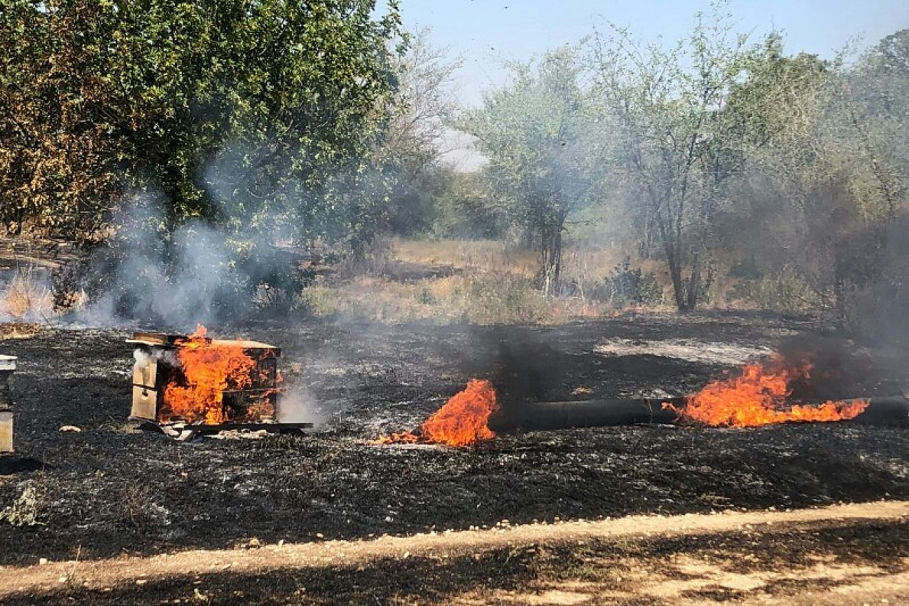A beehive in flames from an incendiary kite at a honey farm in southern Israel near the Gaza Strip. Credit: Alon Sigron.
