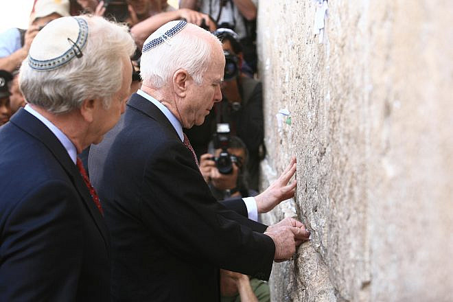 Arizona Sen. John McCain visits the Western Wall, Judaism’s holiest prayer site, in Jerusalem’s Old City, on March 19, 2008. Photo by Nati Shohat /Flash90.