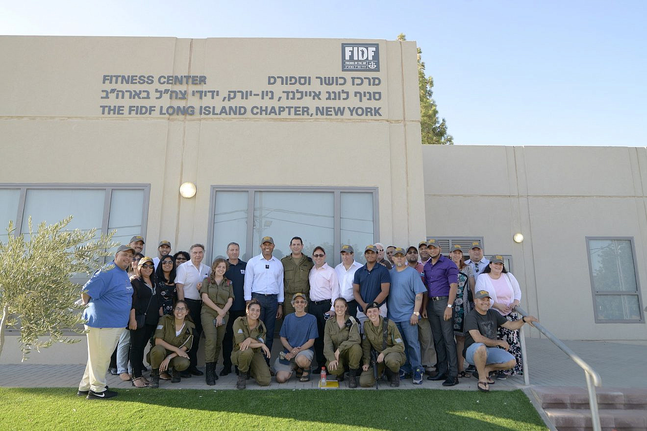 Mariano Rivera and the interfaith group visiting Israel, at the Michve Alon IDF base, in front of the Fitness Center donated by the FIDF Long Island Chapter, on July 31. Credit: Nir Buxenbaum Photography.
