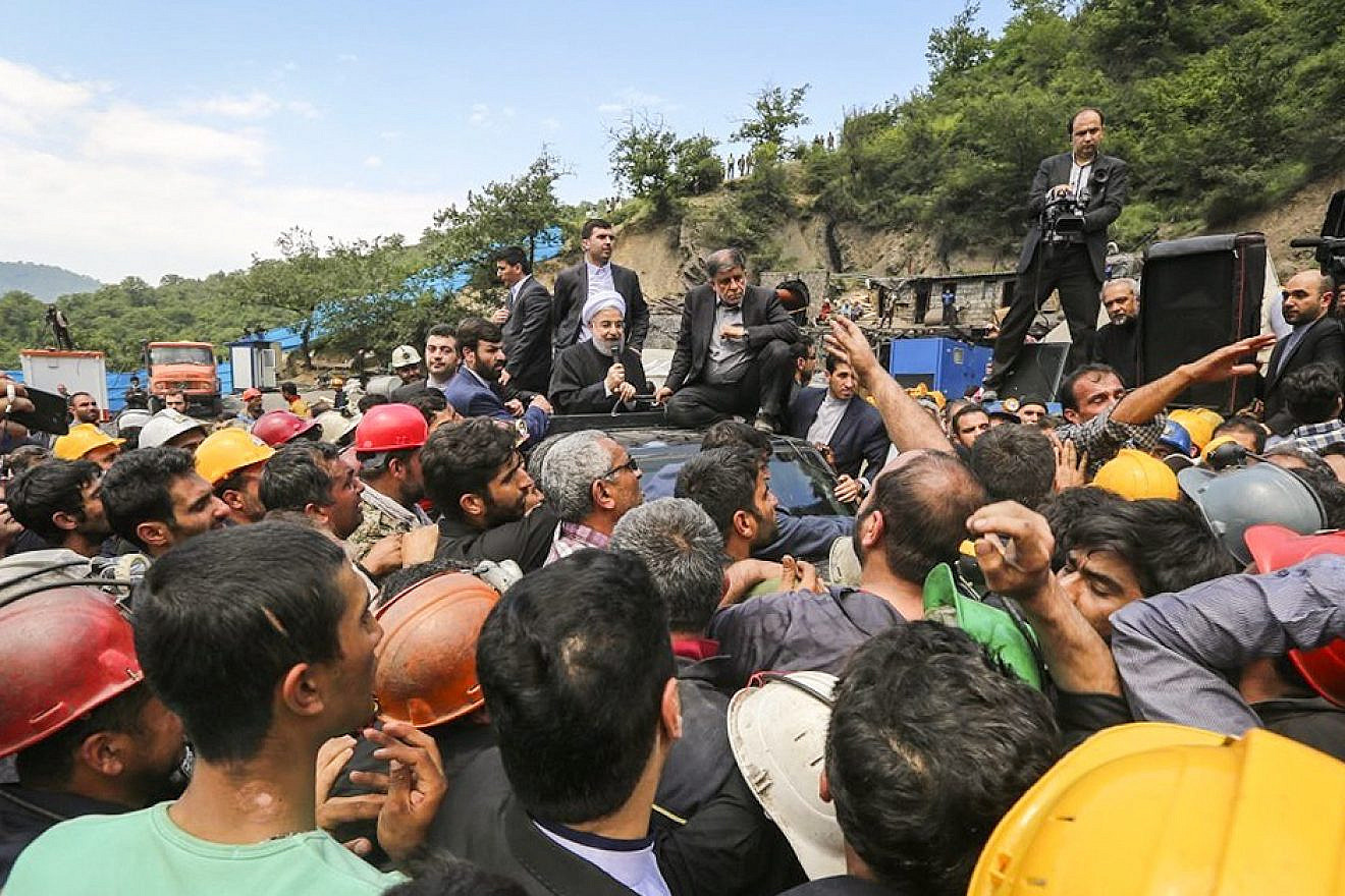 Iranian President Hassan Rouhani addresses coal-mine workers protesting the government's lack of management, on May 7, 2017. Credit: Moein Motlagh via Wikimedia Commons.
