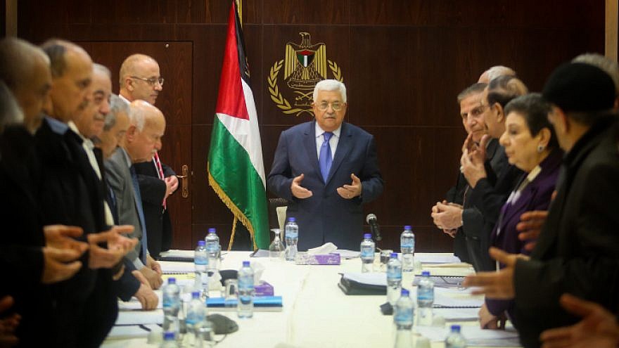 Palestinian Authority leader Mahmoud Abbas at a meeting of the executive committee of the Palestine Liberation Organization in the city of Ramallah in the West Bank, on Feb. 13, 2017. Photo by Flash90.