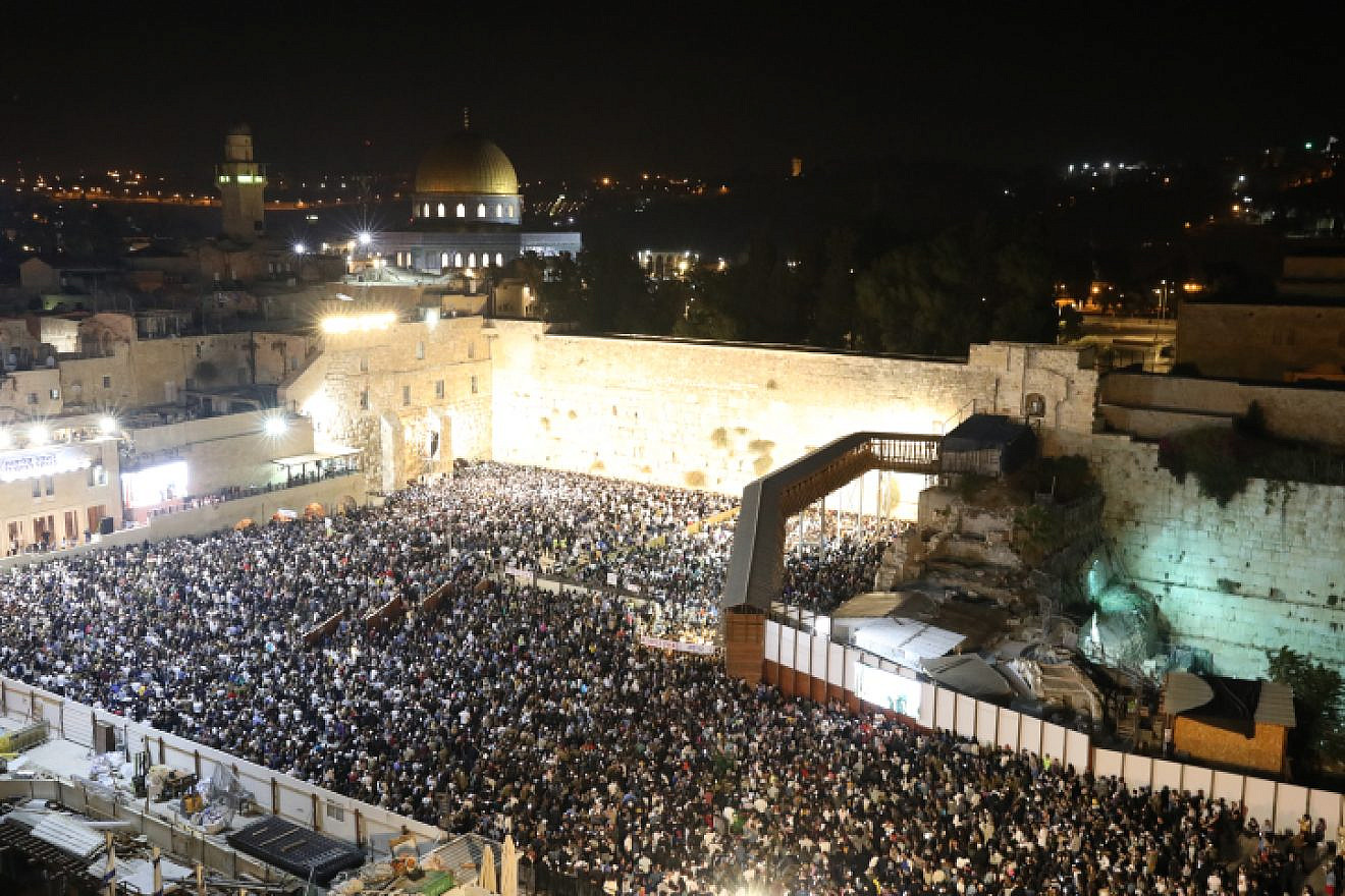 Thousands pray for forgiveness at a Selichot service, prior to the Jewish holiday of Rosh Hashanah, at the Western Wall in the Old City of Jerusalem on Sept. 16, 2018. Photo by Noam Revkin Fenton/Flash90.