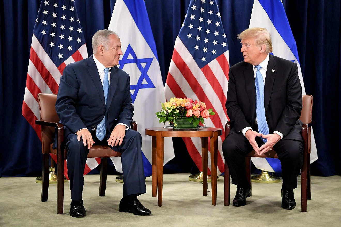 U.S. President Donald Trump meets with Israeli Prime Minister Benjamin Netanyahu at United Nations headquarters in New York on Sept. 26, 2018. Photo by Avi Ohayon/GPO.