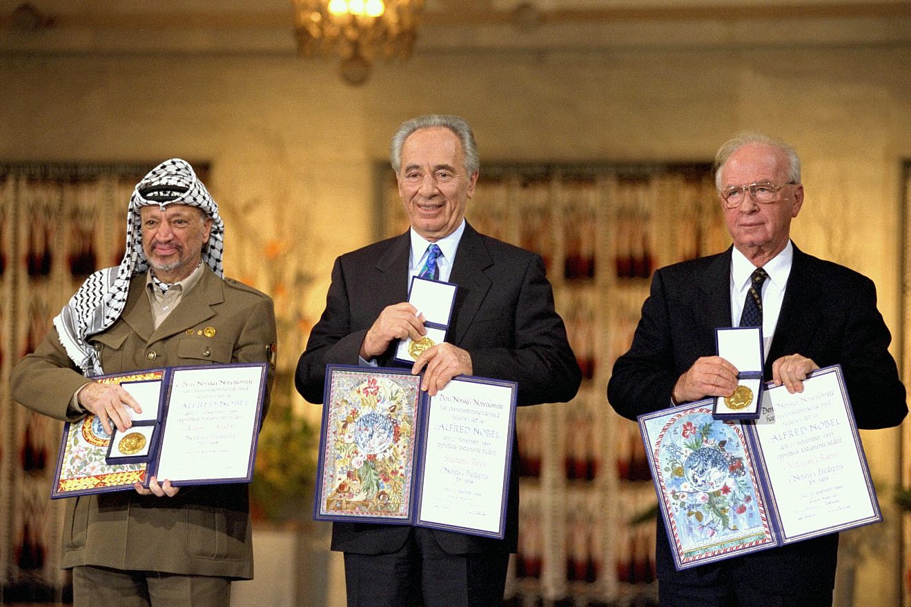 The Nobel Peace Prize laureates for 1994 in Oslo, Norway. From left: Palestinian Liberation Organization (PLO) chairman Yasser Arafat, Israeli Foreign Minister Shimon Peres and Israeli Prime Minister Yitzhak Rabin. Credit: Israeli GPO.