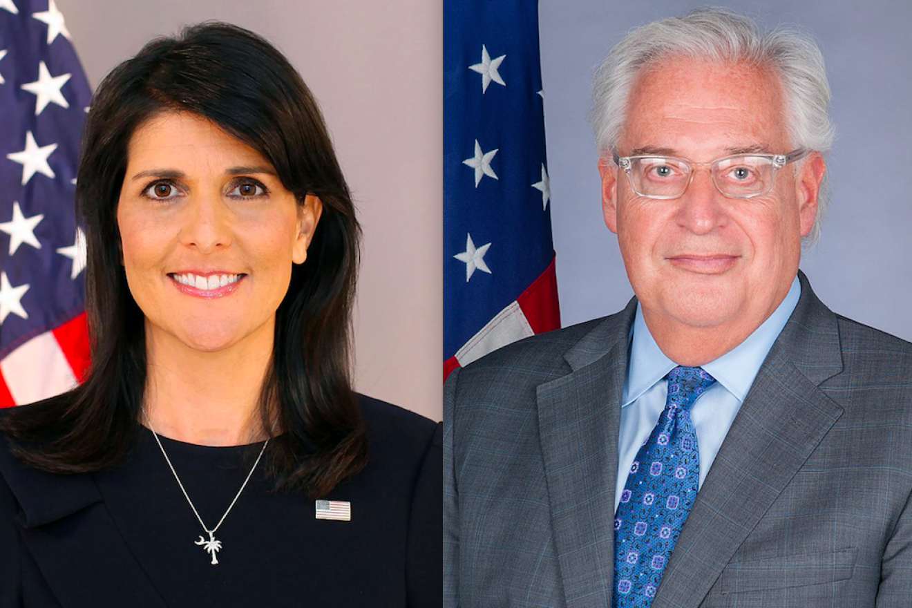 U.S. Ambassador to the United Nations Nikki Haley and U.S. Ambassador to Israel David Friedman. Screenshot: U.S. Department of State; U.S. Embassy in Tel Aviv.