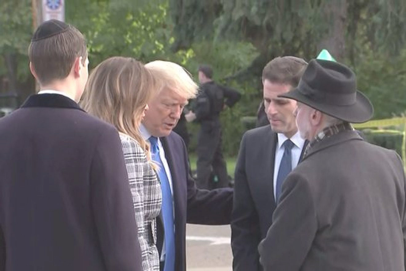 U.S. President Donald Trump outside the Tree of Life Synagogue with Israeli Ambassador to the United States Ron Dermer, Rabbi Jeffrey Myers and first lady Melania Trump, as the president’s daughter, Ivanka, and her husband and senior adviser to the president, Jared Kushner, look on. Source: David Aaronson/Twitter.