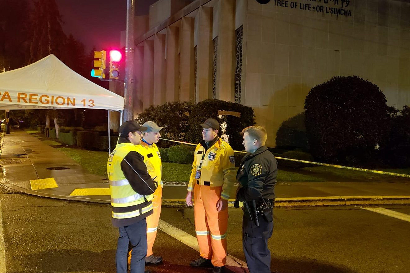 ZAKA search-and-rescue USA volunteers work with the FBI at the scene of a mass shooting at a Pittsburgh synagogue on Oct. 27, 2018. Credit: ZAKA Search and Rescue USA.