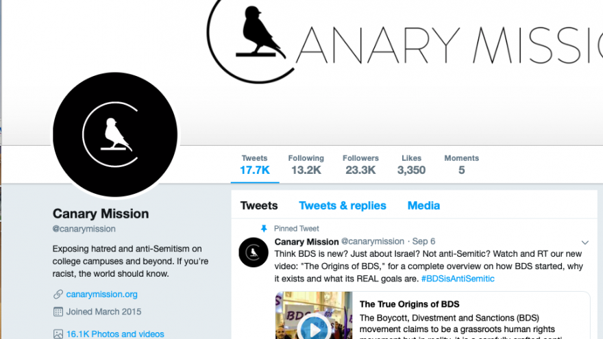Canary Mission Twitter page. Credit: Screenshot.