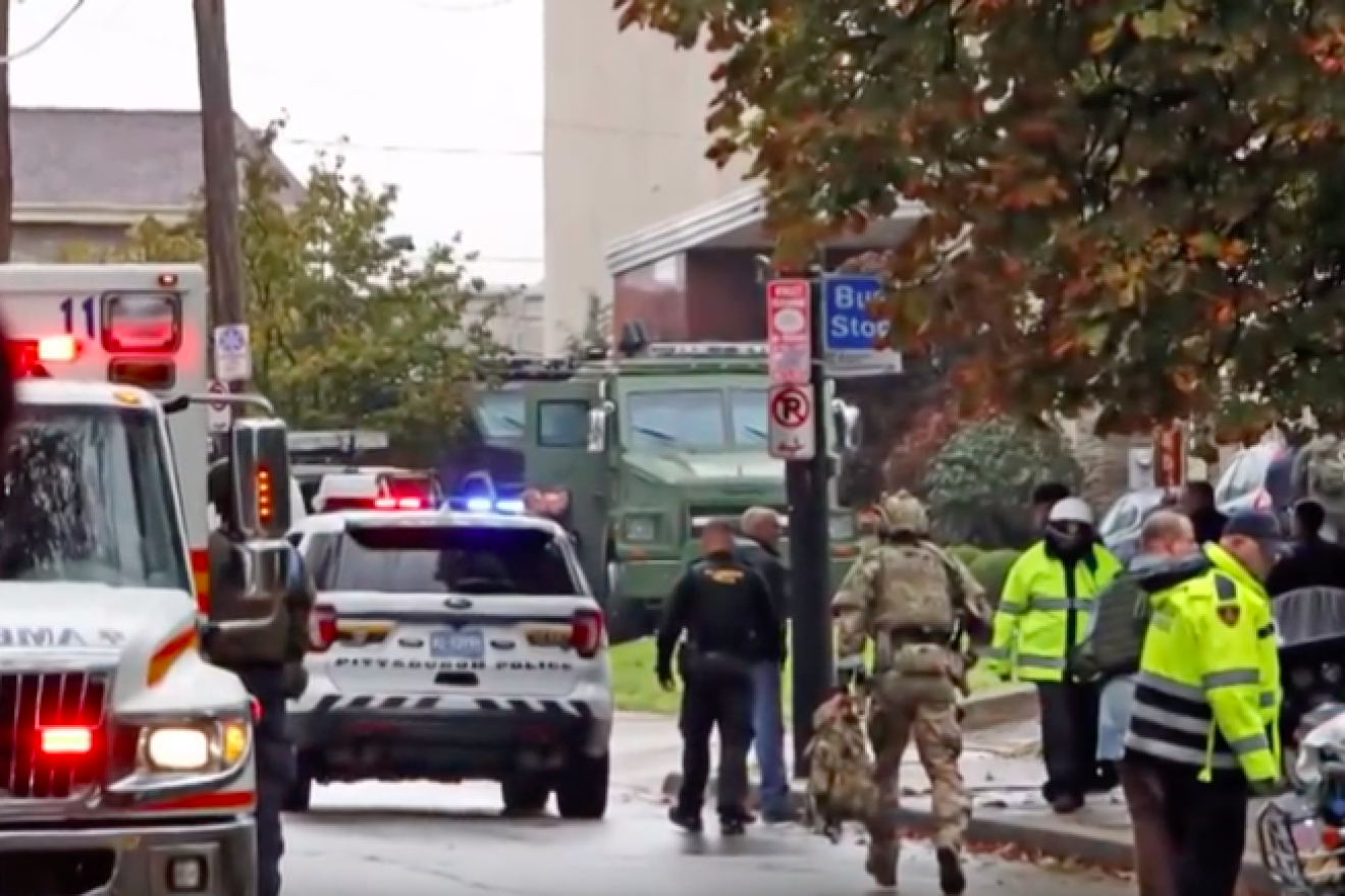 Emergency personnel on the scene after a gunman killed 11 people and injured four others at the Tree of Life*Or L’Simcha Synagogue in Pittsburgh on Oct. 27, 2018. Source: Screenshot.
