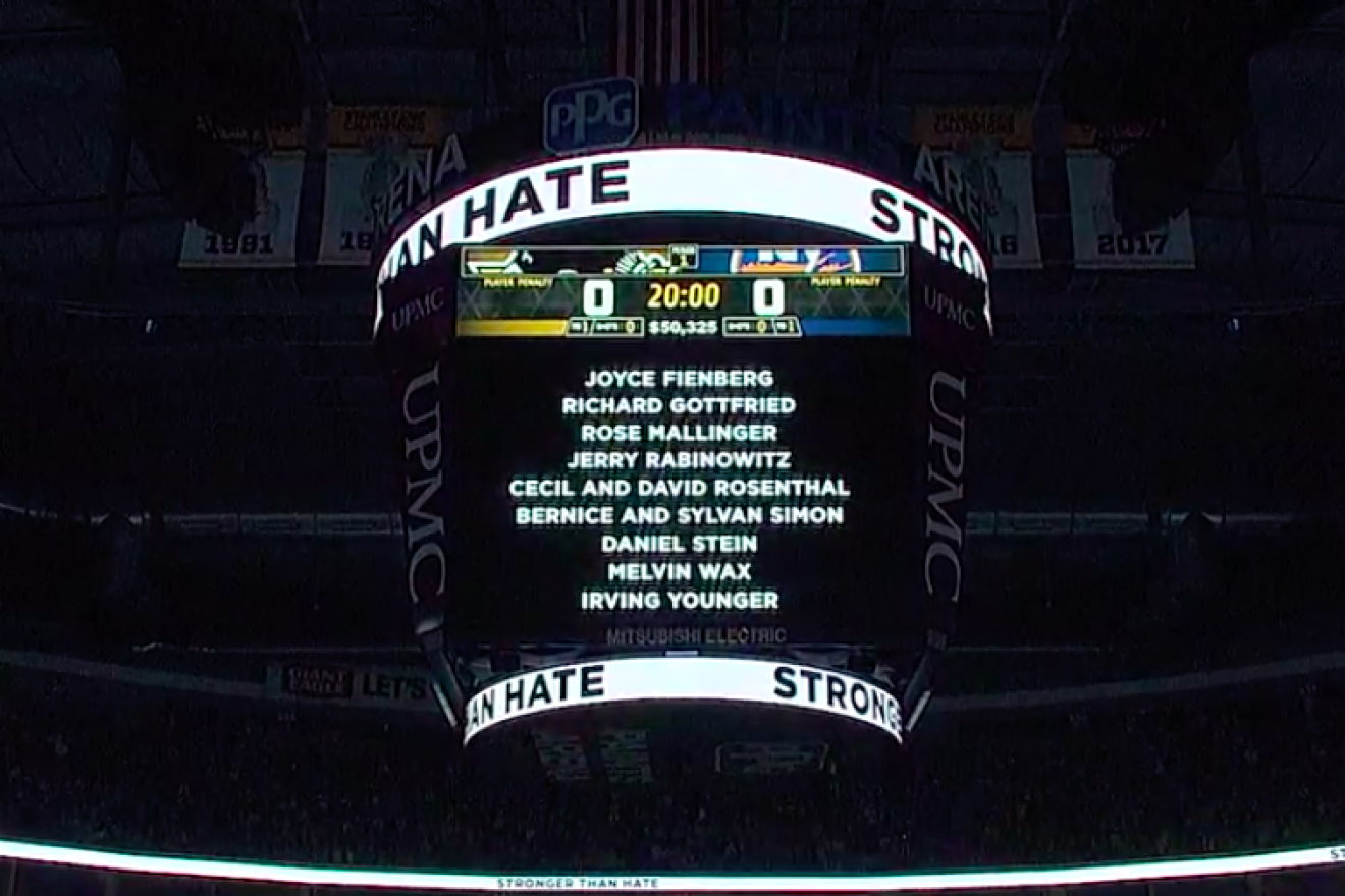 The names of the 11 people shot and killed at Tree of Life*Or L'Simcha Synagogue in Pittsburgh on Oct. 27, 2018. They were featured on the Jumbotron at PPG Paints Arena in Pittsburgh during an 11-second moment of silence before the Pittsburgh Penguins vs. New York Islanders game on Oct. 30, 2018. Credit: Screenshot.