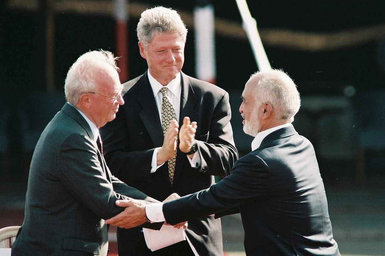 Former United States President Bill Clinton, former Israeli Prime Minister Yitzhak Rabin and former King Hussein of Jordan during the peace treaty in Aqaba, Jordan. Photo by Nati Shohat/Flash90