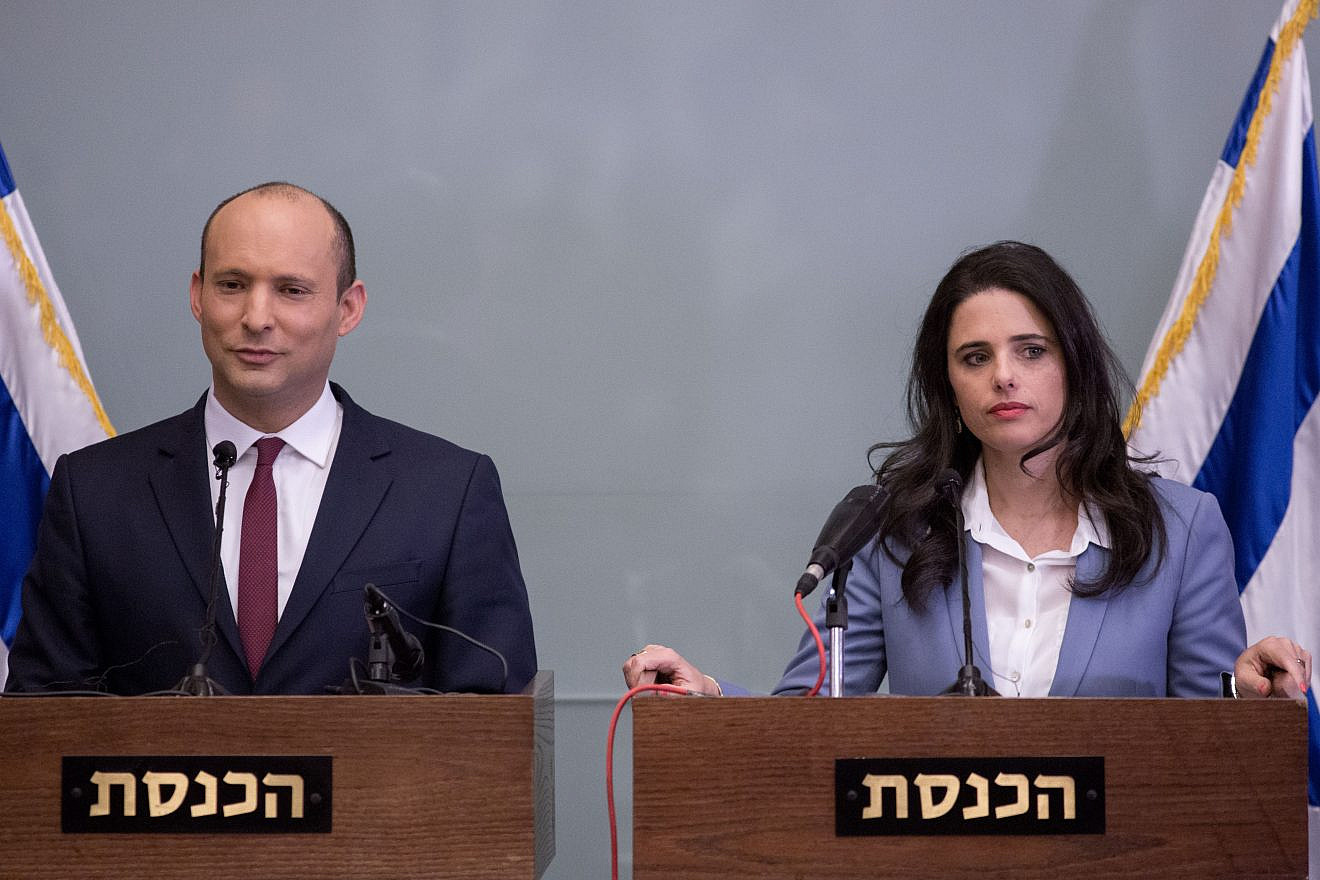 Israeli Education Minister Nafatli Bennett and Justice Minister Ayelet Shaked deliver a statement during a press conference in the Israeli parliament on Nov. 19, 2018. Credit: Miriam Alster/Flash90.