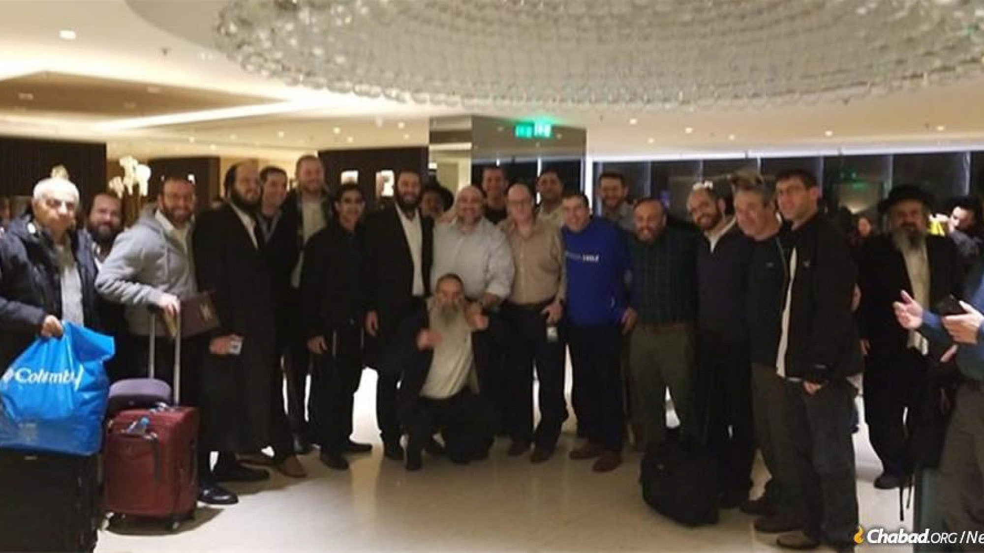 Some of the 150 El Al passengers who unexpectedly spent a Shabbat together in Athens, Nov. 16, 2018. Credit: Chabad.org/News.