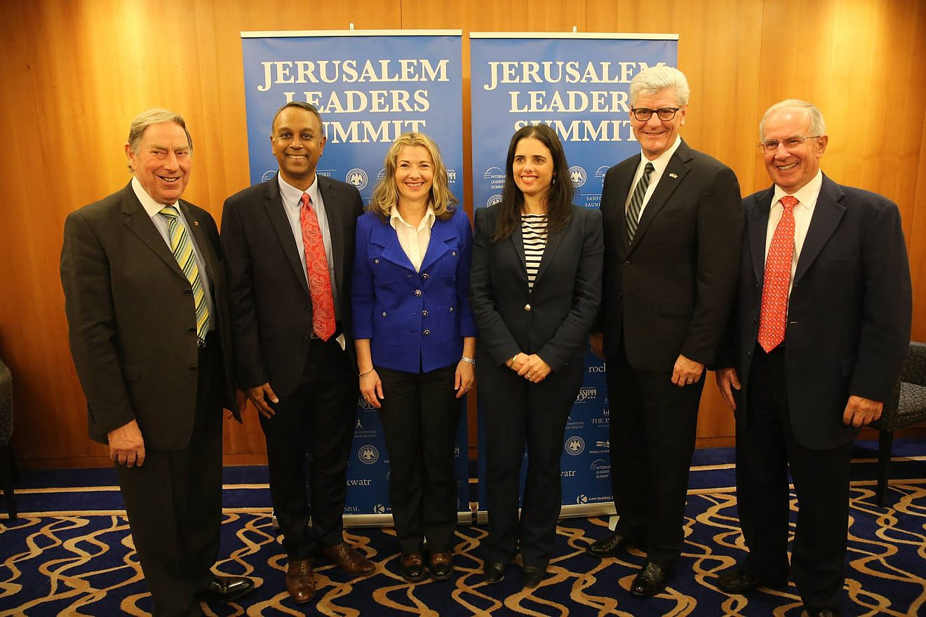 From left: Sir Ivan Lawrence, former member of the British Parliament and prominent British Jewish leader; Joel Anand Samy and Natasha Srdoc, co-founders of International Leaders Summit; Ayelet Shaked, Israeli Minister of Justice; Gov. Phil Bryant (R-Miss.); and Maurice McTigue, former New Zealand cabinet minister. Credit: Jerusalem Leaders Summit via Facebook.