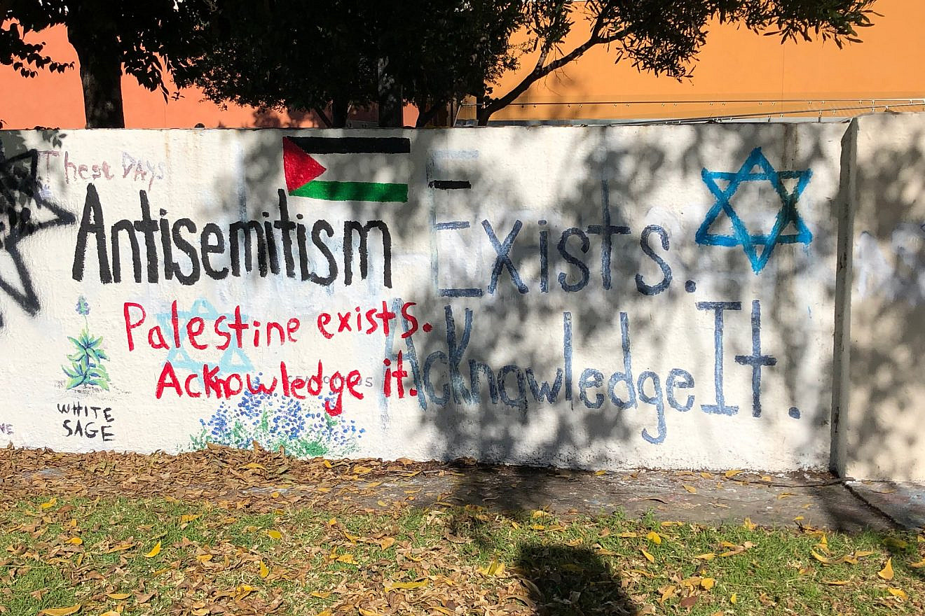 A mural was vandalized at Pomona College in Claremont, Calif., created to remember the Oct. 27, 2018 mass shooting at the Tree of Life*Or L’Simcha Synagogue in Pittsburgh, which left 11 Jewish worshippers dead. Credit: Zachary Freiman/Pomona College.
