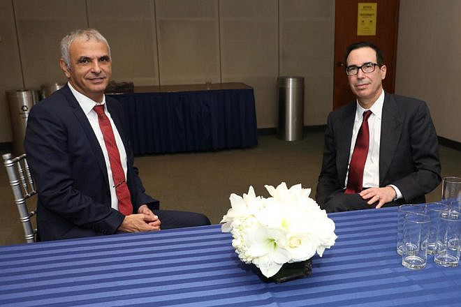 Israeli Finance Minister Moshe Kahlon (left) with U.S. Treasury Secretary Steven Mnuchin in Washington, D.C., on Dec. 4, 2018. Credit: Moshe Kahlon/Twitter.