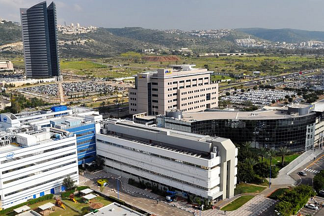 The Matam High-Tech Park at the southern entrance to Haifa. The buildings in the foreground belong to Intel and Elbit Systems. Credit: Zvi Roger/Wikimedia Commons.
