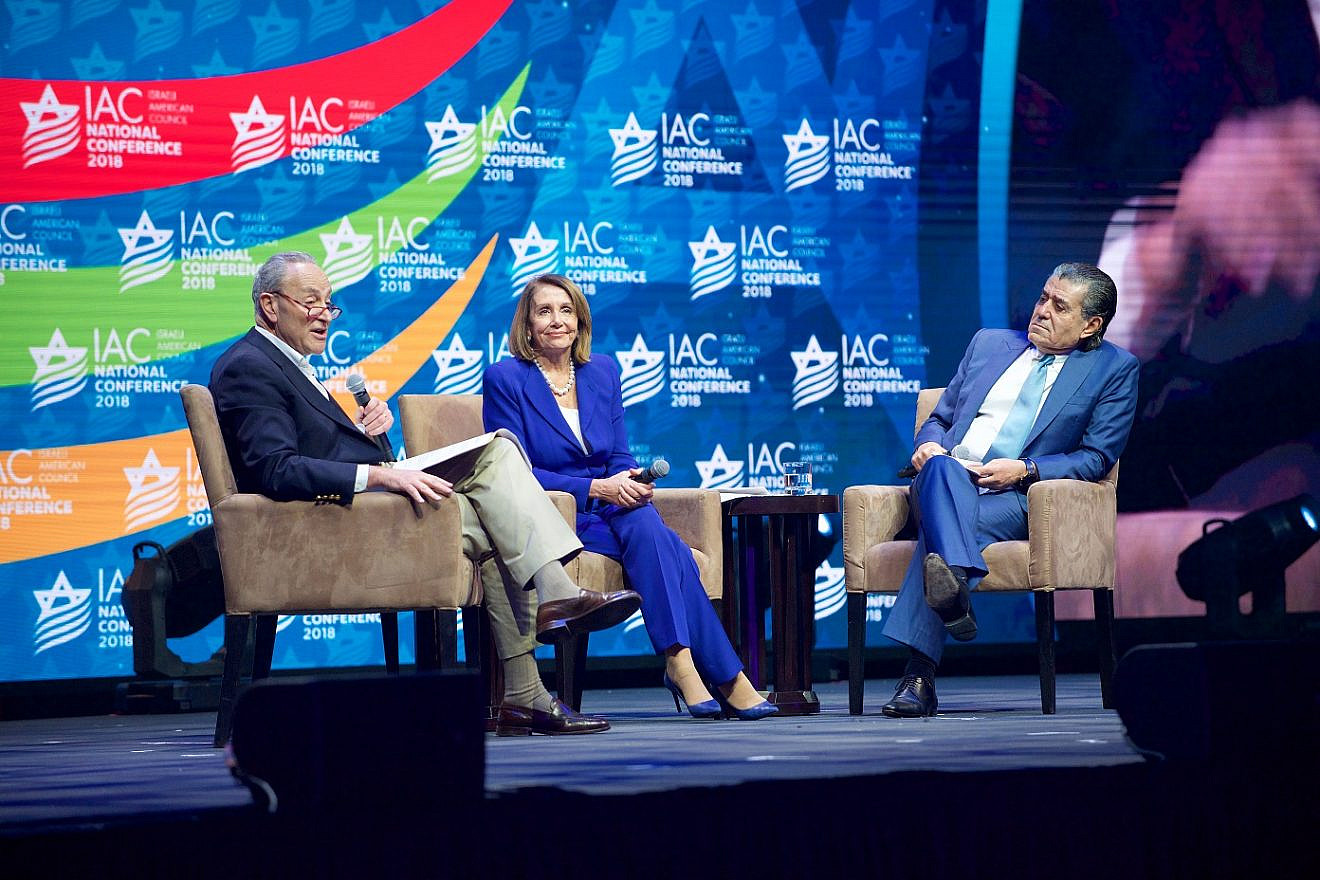 From left: Senate Minority Leader Chuck Schumer (D-N.Y.), Speaker of House Nancy Pelosi (D-Calif.) and Israeli-American mega-donor Haim Saban. Credit: Perry Bindelglass.