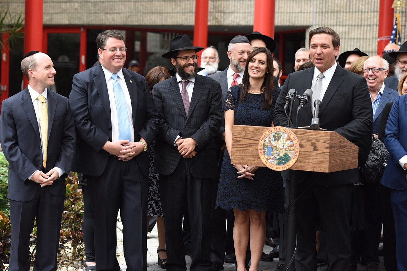 Florida Gov. Ron DeSantis speaking on Jan. 15, 2019, at the Jewish Federation of South Palm Beach County, calling for increased Jewish day-school security funding, in addition to touting pro-Israel initiatives. Credit: Gov. Ron DeSantis Press Office.