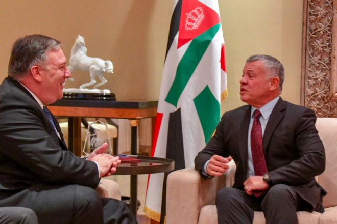 U.S. Secretary of State Mike Pompeo meets with King Abdullah II of Jordan in Amman on Jan. 8, 2018. Credit: Screenshot via Secretary Pompeo/Twitter.