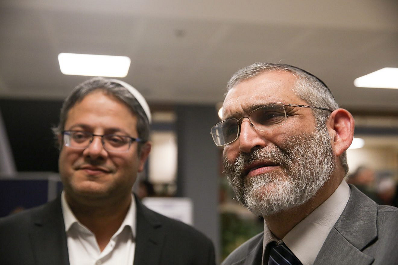 Itamar Ben-Gvir (left) and Michael Ben-Ari of the Otzma Yehudit Party outside the elections committee, where political parties running for a spot in the upcoming Israeli elections present their party list, on Feb. 21, 2019. Photo by Yonatan Sindel/Flash90.
