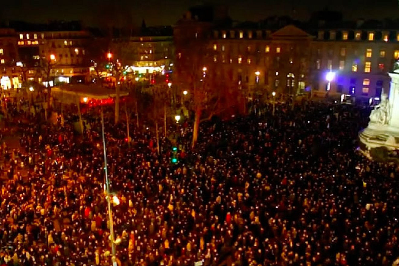 Thousands joined rallies near the Place de la Republique in Paris and across the country to oppose a rising wave of anti-Semitism throughout France, Feb. 19, 2019. Credit: Screenshot.
