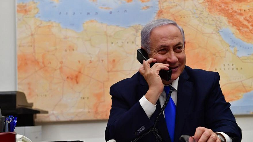 Israeli Prime Minister Benjamin Netanyahu speaks to U.S. President Donald Trump over the phone on March 21, 2019, thanking him for the United States recognizing Israel's sovereignty over the Golan Heights. Credit: Kobi Gideon/GPO.